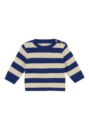 Strickpullover für Babys mit blauen und cremefarbenen horizontalen Streifen, rundem Hals, langen Ärmeln und zwei Knöpfen an der linken Schulter.