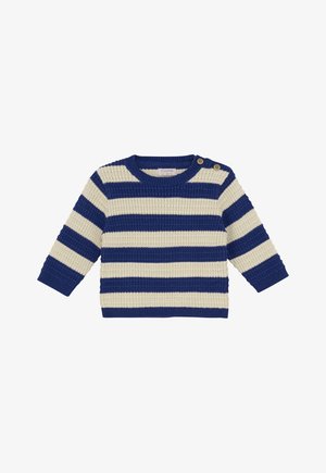 Strickpullover für Babys mit blauen und cremefarbenen horizontalen Streifen, rundem Hals, langen Ärmeln und zwei Knöpfen an der linken Schulter.
