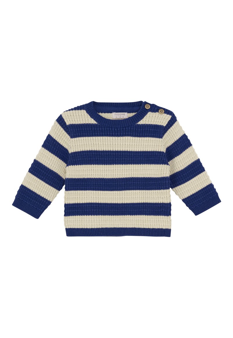 Strickpullover für Babys mit blauen und cremefarbenen horizontalen Streifen, rundem Hals, langen Ärmeln und zwei Knöpfen an der linken Schulter.