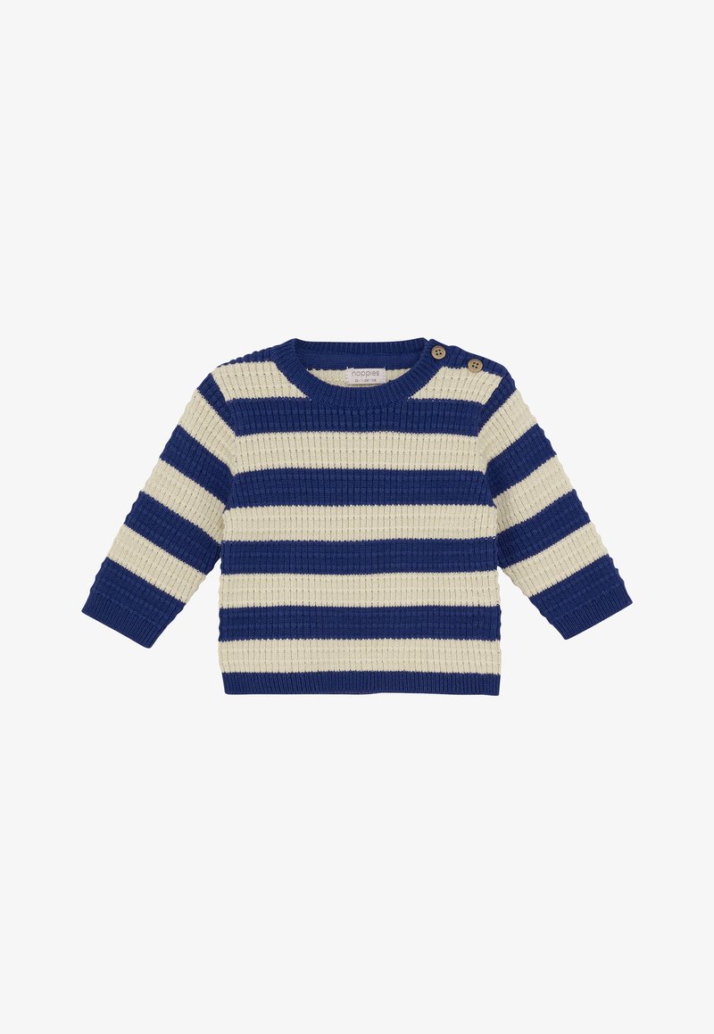 Knit baby sweater with blue and cream horizontal stripes, round neck, long sleeves, and two buttons on left shoulder.