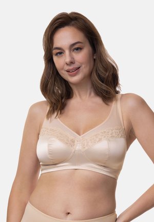 Soutien-gorge en satin beige avec des détails en dentelle le long du bord supérieur, offrant une surface lisse et une structure de soutien. Bretelles réglables.