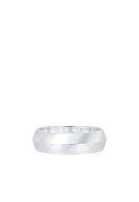 Silver ring with a hexagonal shape, featuring a polished upper band and a textured lower band. Smooth surface with a contrasting matte finish.