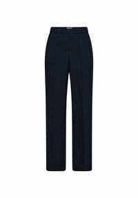 Marineblaue Hose mit maßgeschneidertem Design, geradem Bein, flachem Bund und glatter Textur. Verfügt über einen Bund und keine sichtbaren Taschen.