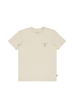 T-shirt beige a maniche corte con una piccola grafica di una persona che tiene una tavola da surf e il testo "Billabong" sul petto sinistro.