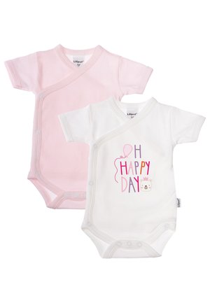 Two baby bodysuits: one pink with thin stripes, the other white with a colorful graphic reading "OH HAPPY DAY" and a bear illustration.