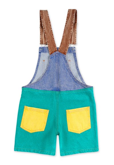 Denim overalls with brown corduroy straps, turquoise shorts, and two yellow patch pockets. Features contrasting top and bottom materials.