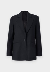 Blazer a righe nere con colletto a punta, chiusura a un bottone e tasche laterali. Presenta una fodera interna liscia e una vestibilità sartoriale.
