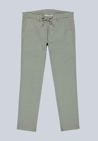 Light gray straight-leg pants with front pockets and a lace-up drawstring waist on a plain background.