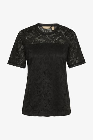 Fekete csipkeből készült póló, rövid ujjal, kerek nyakkivágással és textúrált virágmintával. A csipkének fodros szélű a mandzsettája.