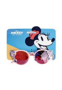 Occhiali da sole rotondi con montatura a strisce rosa, lenti rosse e viola. Presentano personaggi Disney sui lati, confezionati con una scheda grafica blu.
