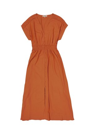 Rok van roestoranje met een V-hals, korte mouwen, een geplooide taille, knopen aan de voorkant en een gespleten rok voor bewegingsvrijheid.