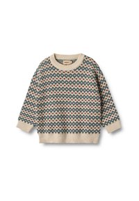 Maglione lavorato a maglia con base crema, caratterizzato da un motivo a rombi in verde e rosso. Collo, polsini e orlo a coste. Texture morbida, vestibilità comoda.