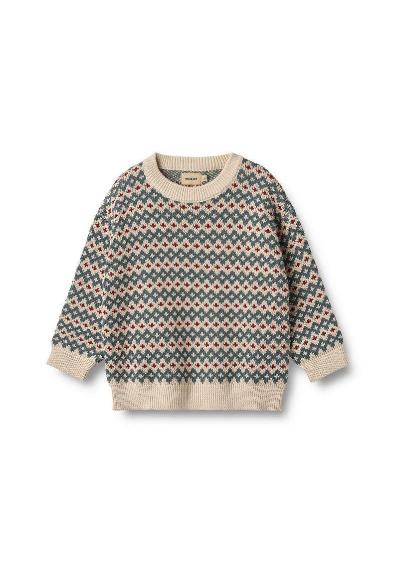 Maglione lavorato a maglia con base crema, caratterizzato da un motivo a rombi in verde e rosso. Collo, polsini e orlo a coste. Texture morbida, vestibilità comoda.