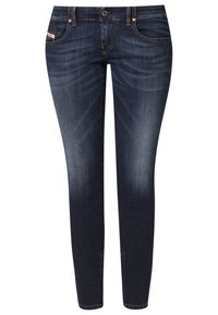 Smaljeans i mörkblå denim med en urtvättad effekt, femfickorsdesign, dragkedja och en logotypplatta på den bakre midjan.