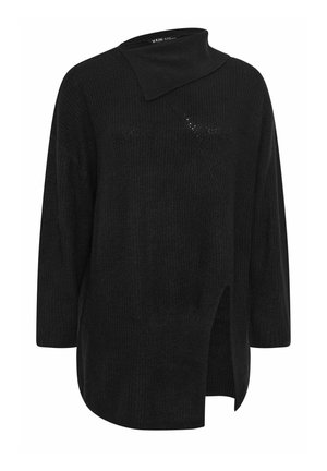 Zwart gebreid pullover met een hoge kraag, asymmetrische halslijn en een zijsplit. Heeft een gestructureerde afwerking en een relaxte pasvorm.