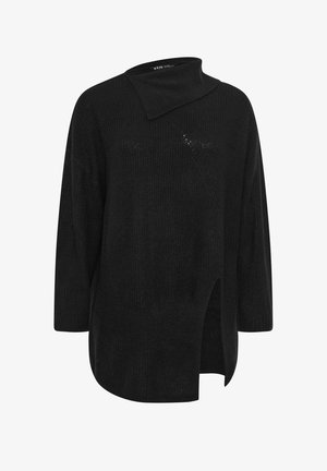 Zwart gebreid pullover met een hoge kraag, asymmetrische halslijn en een zijsplit. Heeft een gestructureerde afwerking en een relaxte pasvorm.