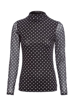 Black long-sleeve turtleneck top with white polka dots, made of sheer fabric, with a smooth texture and fitted silhouette.