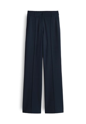 Marineblauwe wijde broek gemaakt van een gladde stof, met voorzakken en een platte tailleband met een ritsluiting en geplooid ontwerp.