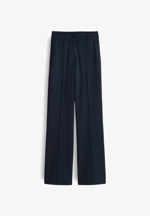 Navy wide-leg trousers made from a smooth fabric, featuring front pockets and a flat waistband with a zip closure and pleated design.
