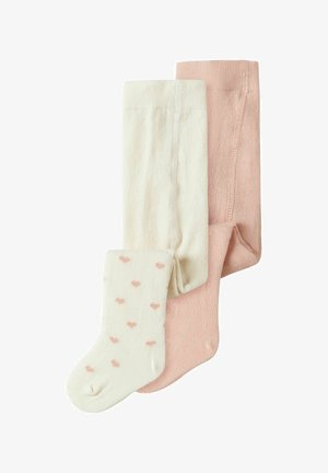 Tri para nogavic: ena enobarvna svetlo roza, ena enobarvna off-white in ena off-white z majhnimi roza srčki. Mehka, teksturirana pletenina.