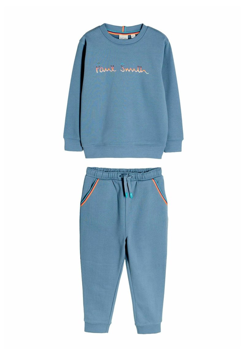 Niebieska bawełniana bluza z logo "Paul Smith" oraz dopasowane niebieskie spodnie z wielokolorowymi bocznymi kieszeniami i elastycznym paskiem.