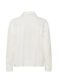 Camicia bianca a maniche lunghe con un motivo a griglia testurizzato e polsini con bottoni. La vista posteriore mostra un colletto classico e una vestibilità rilassata.