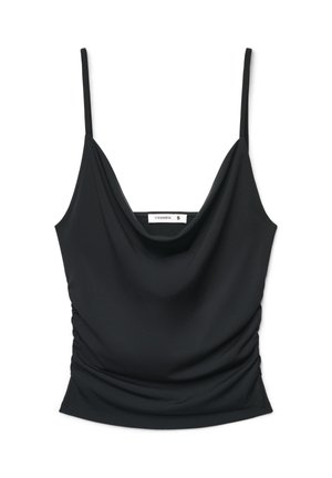 Top nero senza maniche con sottili spalline, scollo drappeggiato e fianchi arricciati, taglia small di Terranova.