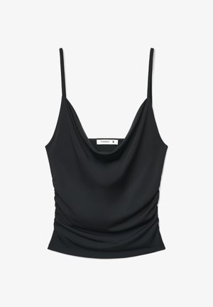 Top nero senza maniche con sottili spalline, scollo drappeggiato e fianchi arricciati, taglia small di Terranova.