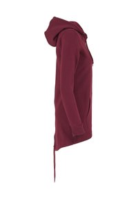Sweat à capuche bordeaux avec manches longues, poche avant, poignets côtelés et bas à cordon, vu de profil.