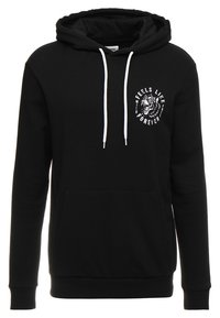 Black hooded sweatshirt with white drawstrings, front pocket, and tiger graphic with text "FEELS LIKE FOREVER" on the chest area. Soft fabric texture.