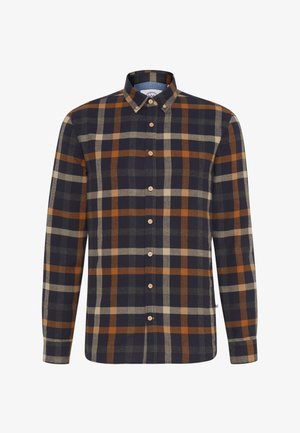 Camicia a maniche lunghe da uomo a quadri in navy, marrone e beige. Presenta una chiusura con bottoni, colletto e un motivo in tessuto morbido e testurizzato.