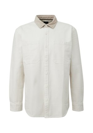 Lichtbeige langemouwen shirt met een corduroy kraag, twee borstzakken en knoopsluiting, gemaakt van een gestructureerde stof.