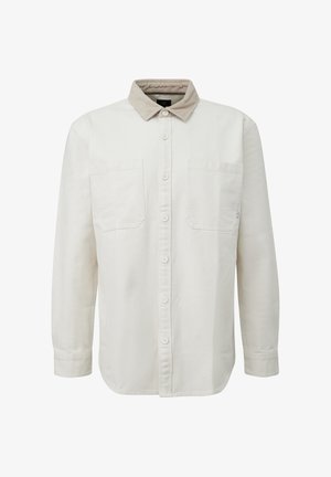 Chemise longue beige clair à manches longues, dotée d'un col en velours côtelé, de deux poches poitrine et d'une fermeture à boutons, fabriquée en tissu texturé.