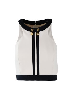 Top senza maniche bianco con colletto nero e righe verticali nere. Presenta dettagli in metallo dorato all'altezza del collo e una base nera uniforme.
