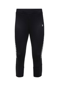 Zwarte cropped leggings met een hoge tailleband en witte geprinte tekst die verticaal langs de buitenzijden van beide benen loopt.