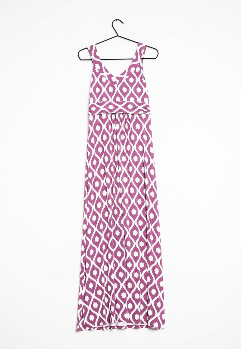 Maxi dress in purple and white geometric pattern, featuring wide straps, a deep V-neck, and a gathered waist for a flowing design.