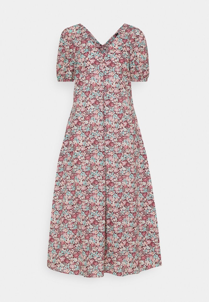 Robe fleurie avec manches courtes bouffantes, décolleté en V profond, ourlet à hauteur du genou, et motif floral multicolore en tons rose, bleu et crème.