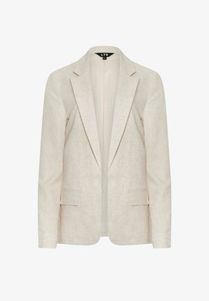 Blazer su misura beige chiaro in tessuto leggermente texturizzato, con rever a punta e due tasche frontali. Design con apertura anteriore e interno semplice.