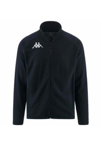 Giacca di felpa navy con zip completa, colletto alto, maniche lunghe e logo bianco sul lato sinistro del petto. Tessuto morbido e vestibilità casual.