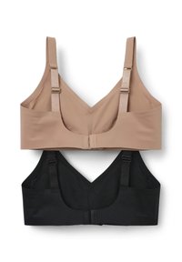 Due bralette in nudo e nero, con design a scollo a V, spalline regolabili, texture senza cuciture e chiusure a gancio e occhiello.