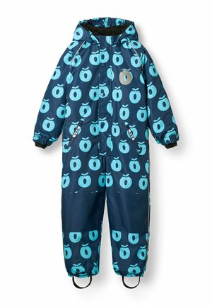 Combinaison d’hiver pour enfants bleu marine avec motifs de pommes bleu clair, fermeture éclair devant, capuche, poignets élastiques et renforts aux genoux.