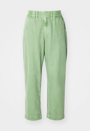 Light green, relaxed-fit pants made from soft material. Features a button and elasticated waistband, with side pockets and tapered legs.