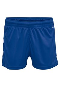 Blå sportshorts gjorda av slät, lättviktsmaterial; har en elastisk midja och vita diagonala detaljer på sidorna.
