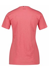 Kurzärmliges Shirt in hellrosa, aus weichem Stoff. Verfügt über einen runden Ausschnitt und ein kleines Logo auf der Rückseite in der Nähe des Kragens.