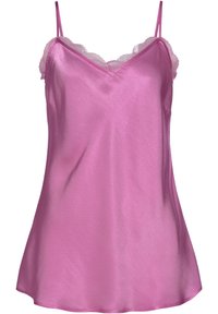 Rosa Satin-Camisole mit Spitzenbesatz entlang des Ausschnitts und der Träger. Verfügt über eine lockere Passform und eine glatte Textur, ideal fürs Schichten oder als Nachtwäsche.