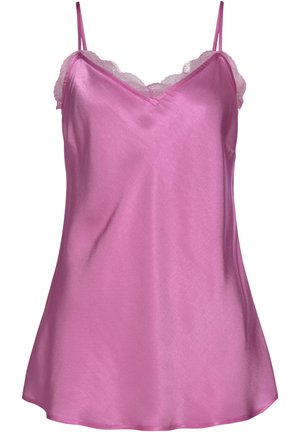 Rosa Satin-Camisole mit Spitzenbesatz entlang des Ausschnitts und der Träger. Verfügt über eine lockere Passform und eine glatte Textur, ideal fürs Schichten oder als Nachtwäsche.