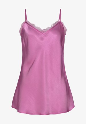 Camisole di raso rosa con tramezzo in pizzo lungo il collo e le spalline. Presenta una vestibilità ampia e una consistenza liscia, ideale per essere indossata a strati o come abbigliamento da notte.