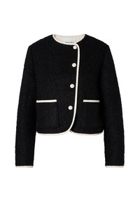 Veste noire texturée avec un col rond, bord beige, trois boutons et deux poches avant. Design court et chaud avec des manches longues.