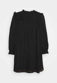 Robe noire à manches longues avec un col volanté, des épaules bouffantes, des poignets froncés et des détails plissés sur le haut de la poitrine.