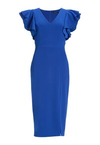 Robe bleue avec un col en V, des manches courtes à volants, une taille cintrée et une jupe à hauteur de genoux avec une fente sur le côté pour faciliter les mouvements.